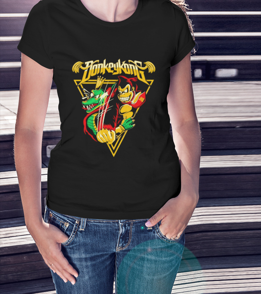 Donkey Kong Cartoon Retro Style Triangular Battle Scene T-Shirt