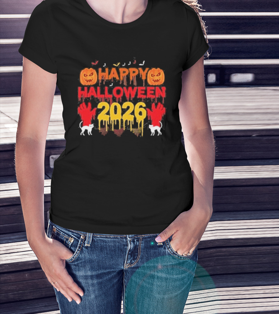 Happy Halloween 2026 Spooky Pumpkin Ghosts And Cats T-Shirt