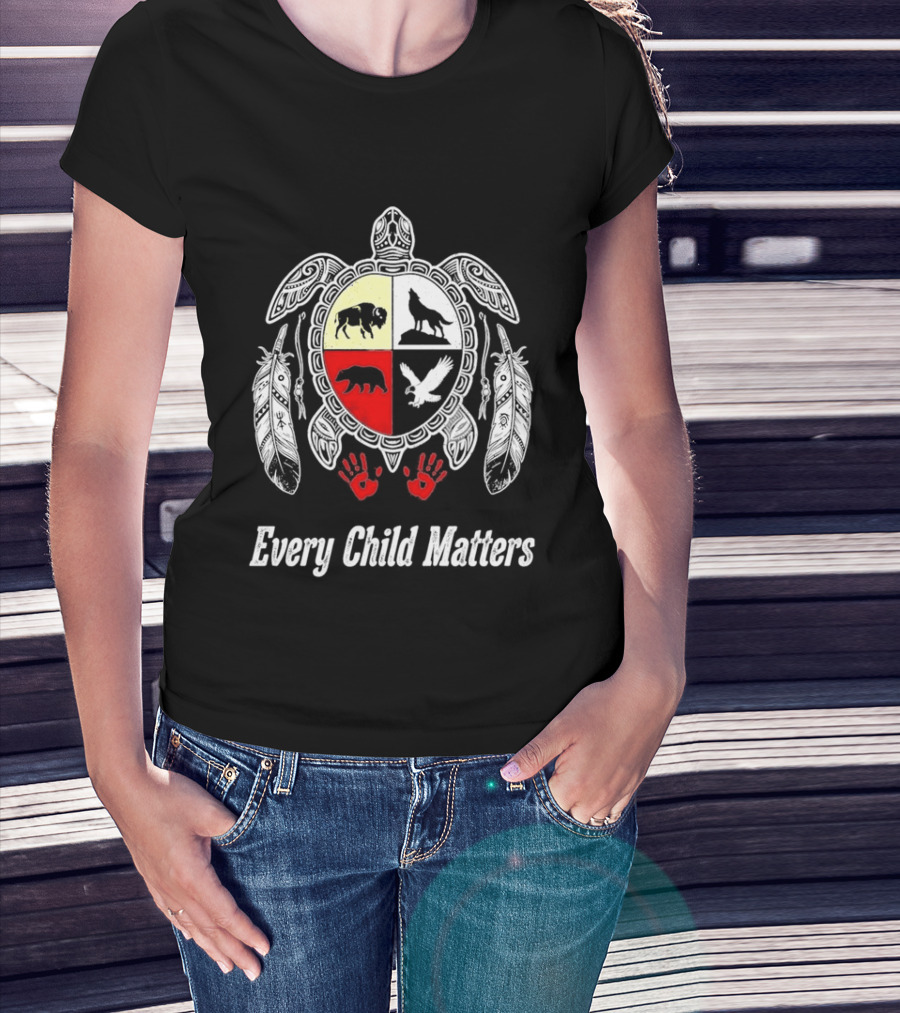 Every Child Matters Native American Turtle Medicine Wheel Feathers And Red Handprints T-Shirt