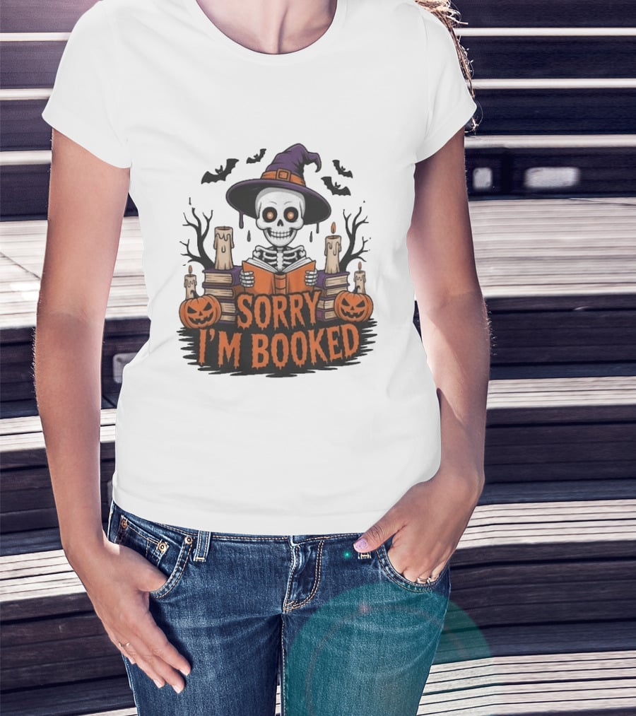 Sorry I'm Booked Skeleton Witch Halloween Reading Pumpkins Spooky Books T-Shirt