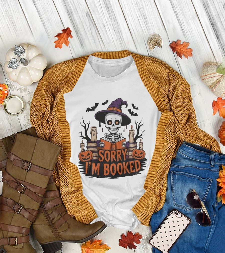 Sorry I'm Booked Skeleton Witch Halloween Reading Pumpkins Spooky Books T-Shirt