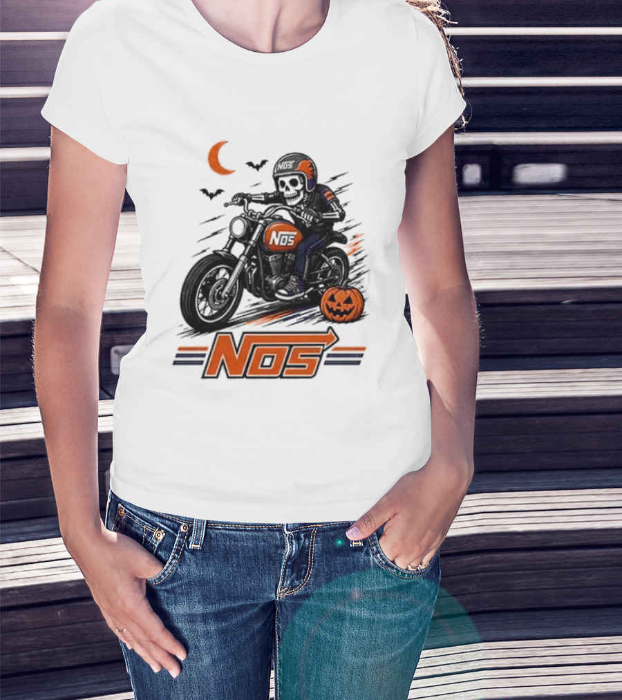 NOS Skeleton Biker Halloween Pumpkin Moon Bats T-Shirt