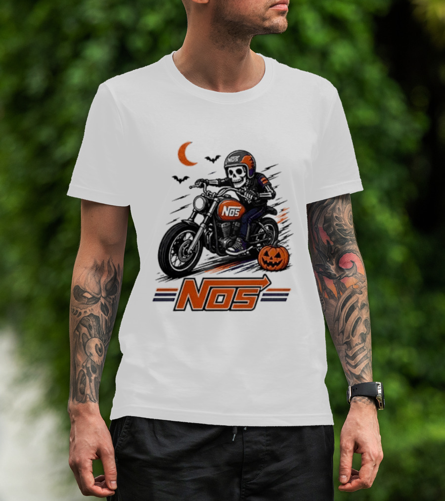NOS Skeleton Biker Halloween Pumpkin Moon Bats T-Shirt