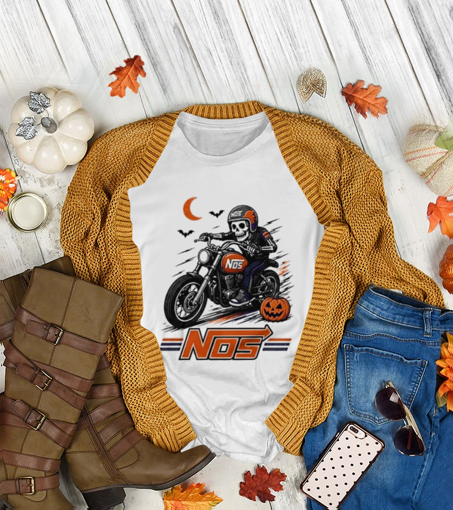 NOS Skeleton Biker Halloween Pumpkin Moon Bats T-Shirt