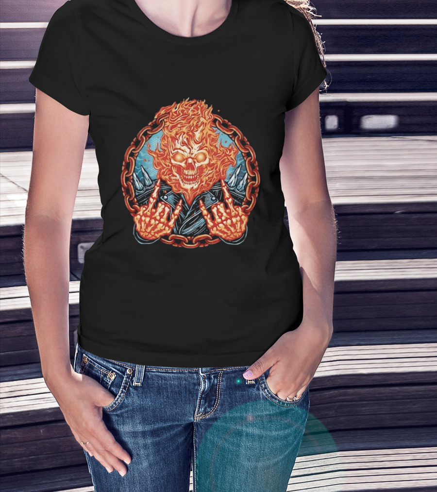 Ghost Rider Flaming Skull Heavy Metal Fiery Chain Rock And Roll T-Shirt
