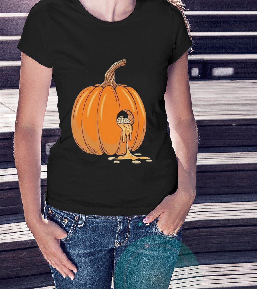 Gourdy Hole Halloween Pumpkin With Seeds Streaming Out T-Shirt
