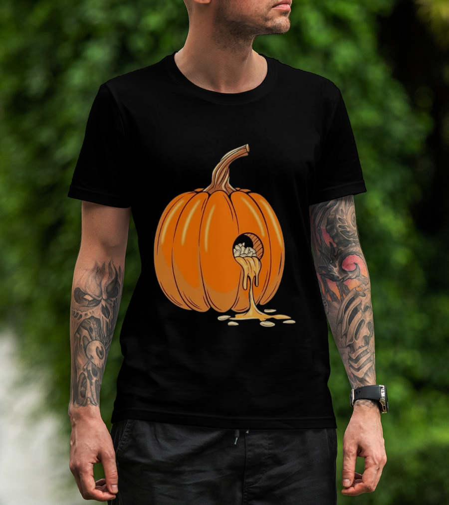 Gourdy Hole Halloween Pumpkin With Seeds Streaming Out T-Shirt