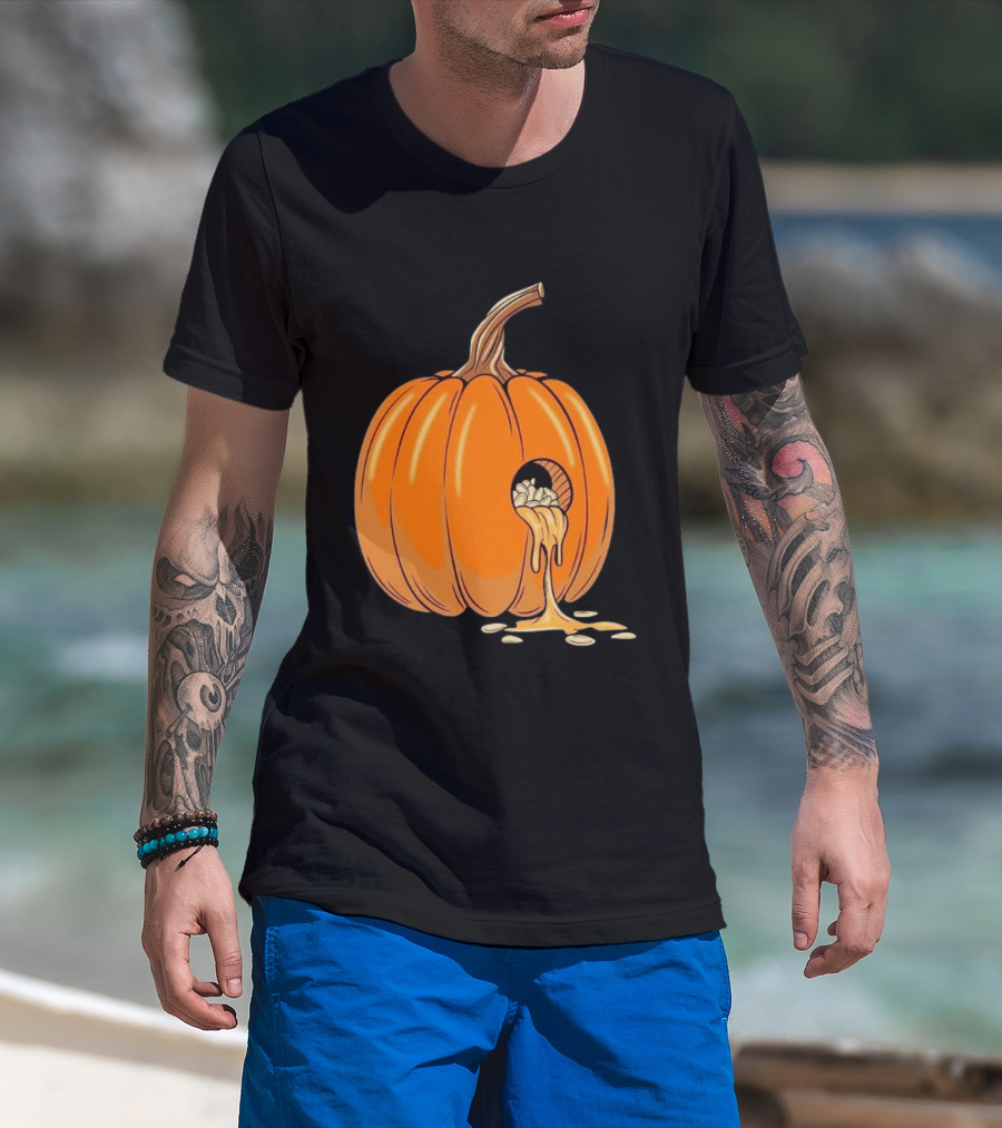 Gourdy Hole Halloween Pumpkin With Seeds Streaming Out T-Shirt