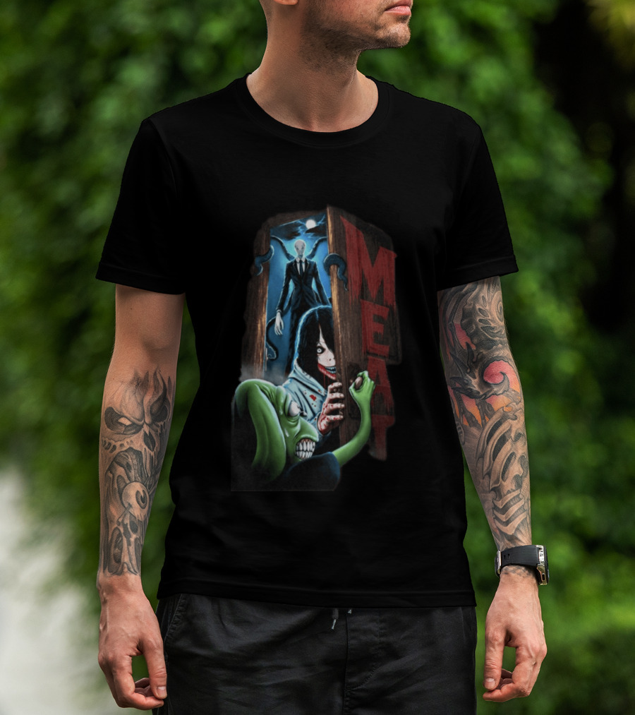 Meatcanyon Store Knock Knock Creepy Distressed Characters Horror Scene T-Shirt