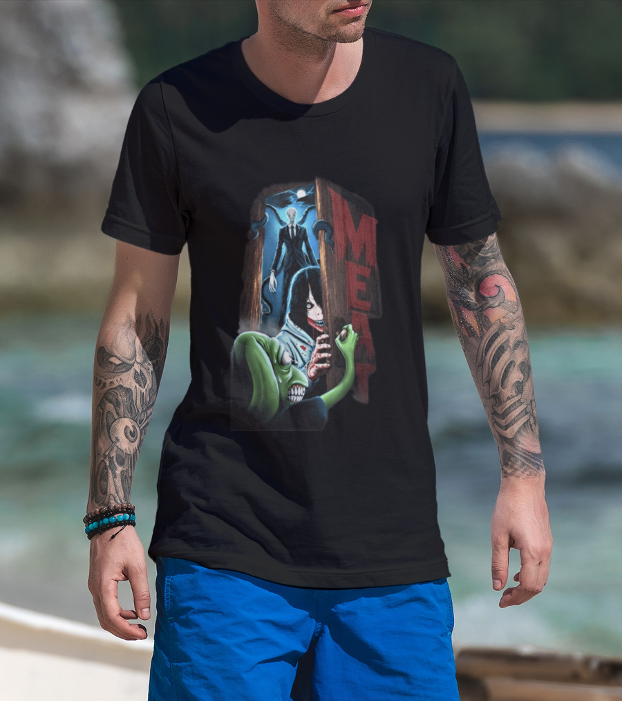Meatcanyon Store Knock Knock Creepy Distressed Characters Horror Scene T-Shirt