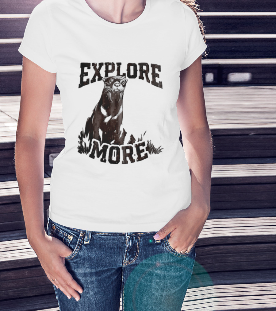 Explore More River Otter Tall Grass Distressed Woodcut Black White T-Shirt