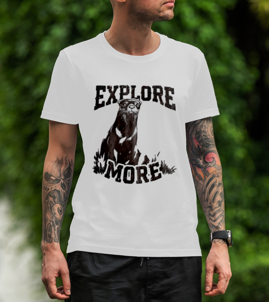 Explore More River Otter Tall Grass Distressed Woodcut Black White T-Shirt