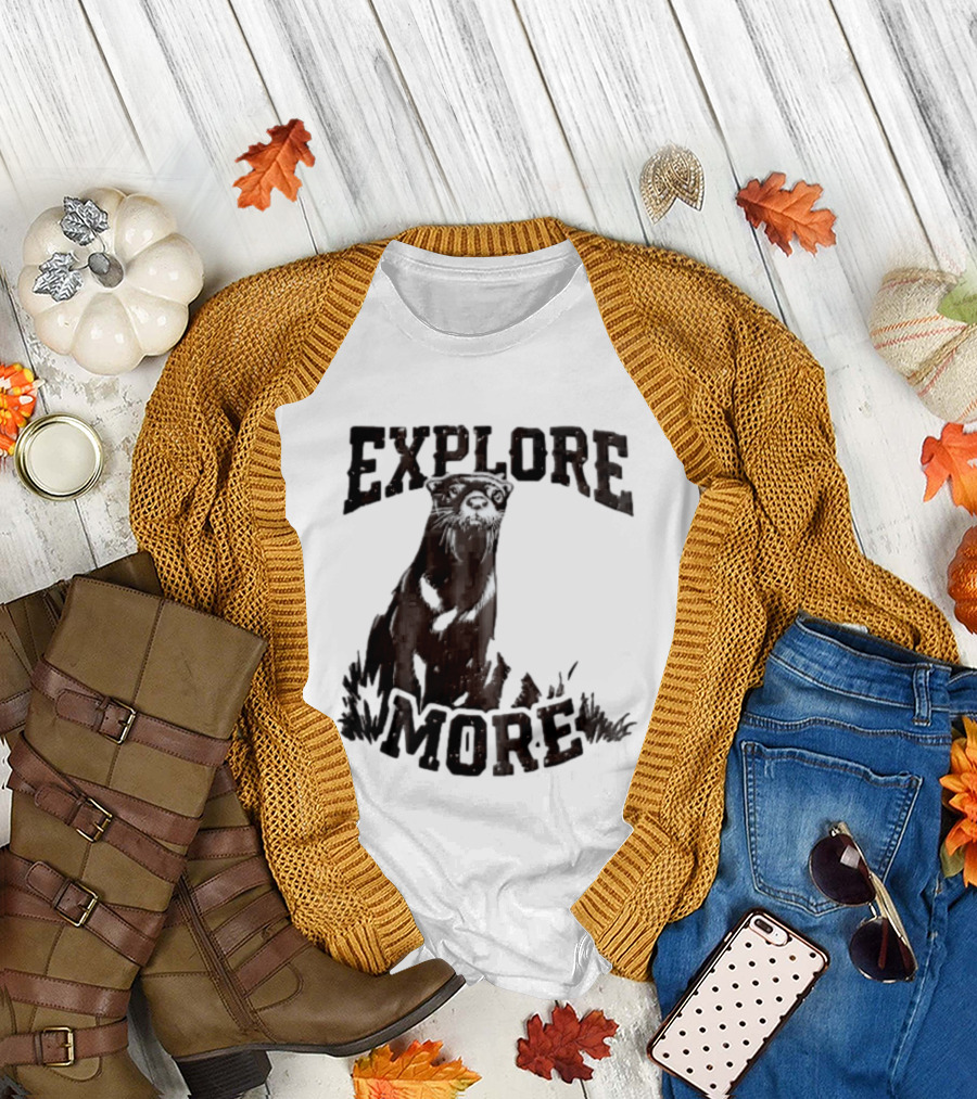 Explore More River Otter Tall Grass Distressed Woodcut Black White T-Shirt