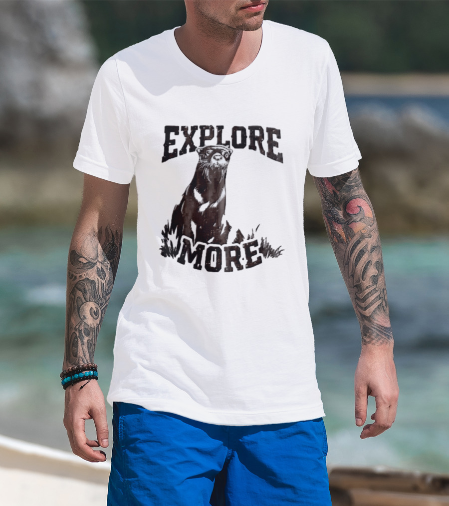 Explore More River Otter Tall Grass Distressed Woodcut Black White T-Shirt