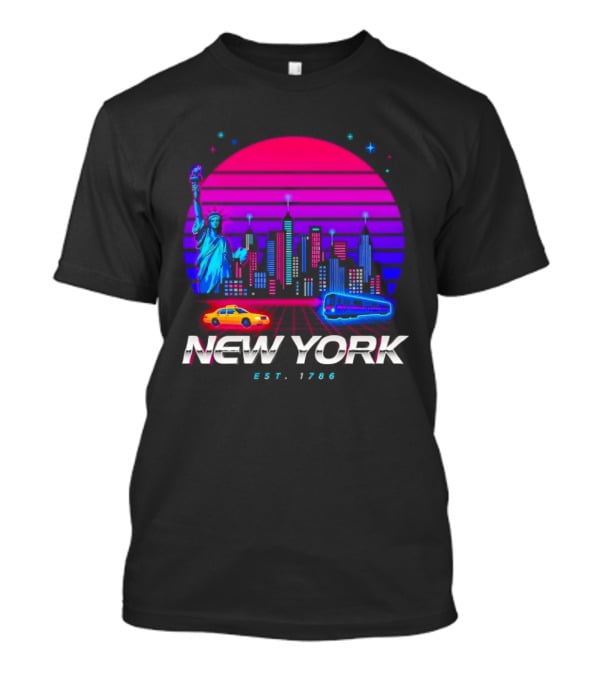 New York Est 1786 Cityscape Synthwave Statue Of Liberty Neon Skyline Retro Car T-Shirt