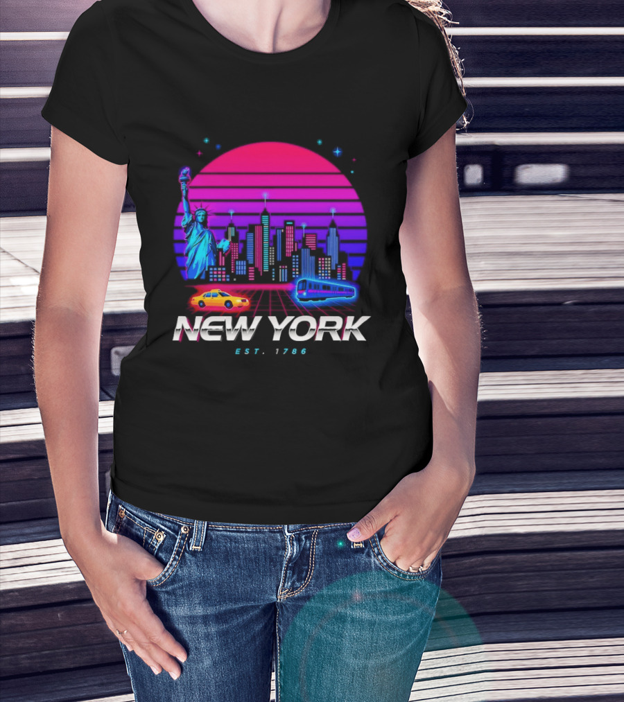 New York Est 1786 Cityscape Synthwave Statue Of Liberty Neon Skyline Retro Car T-Shirt