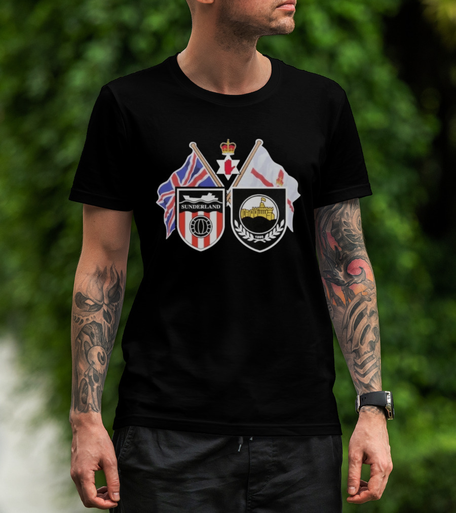 Sunderland And Linfield FC Crests Union Jack Northern Ireland Flags T-Shirt