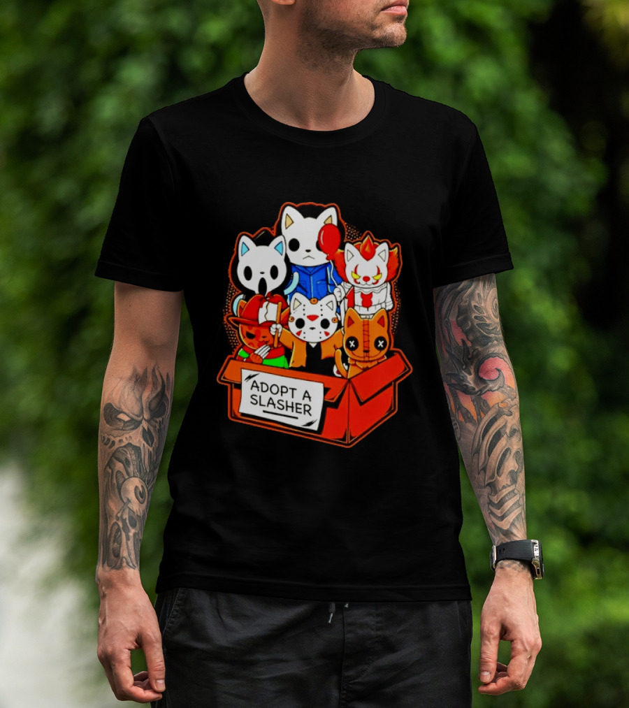 Adopt A Slasher Horror Movie Cat Characters Box Featuring Iconic Halloween Villains T-Shirt