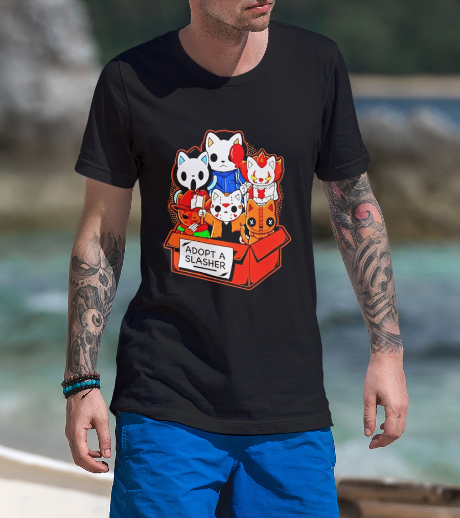 Adopt A Slasher Horror Movie Cat Characters Box Featuring Iconic Halloween Villains T-Shirt