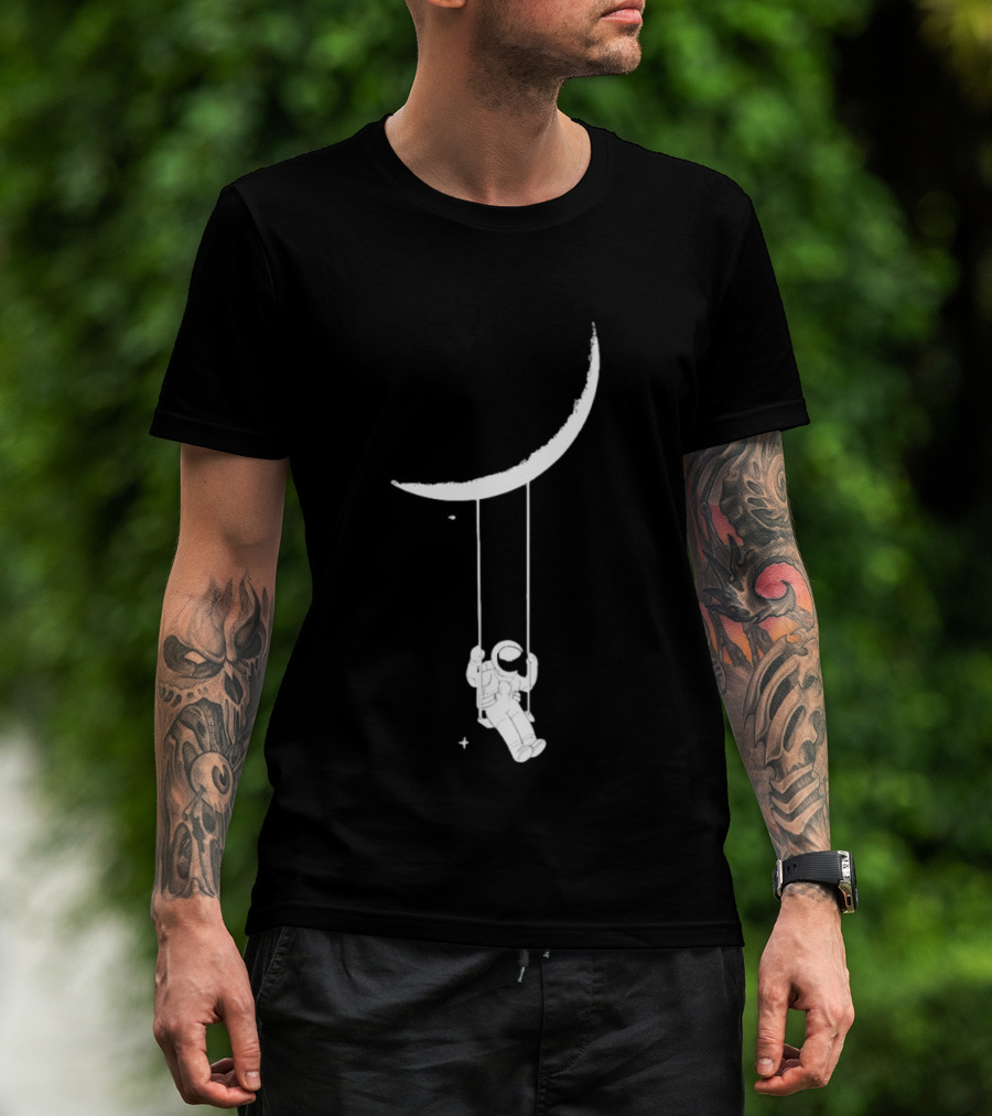 Astronaut Swinging On Crescent Moon Space Scene T-Shirt