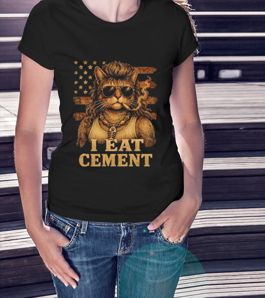 I Eat Cement Mullet Cat With Sunglasses And American Flag T-Shirt