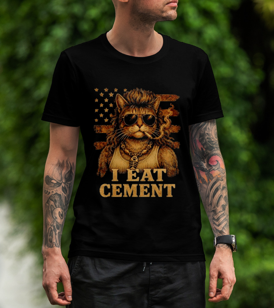 I Eat Cement Mullet Cat With Sunglasses And American Flag T-Shirt