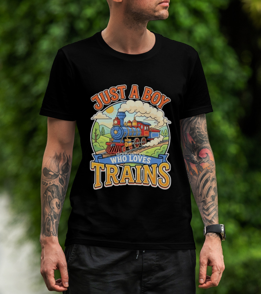 Just A Boy Who Loves Trains Colorful Locomotive Adventure T-Shirt