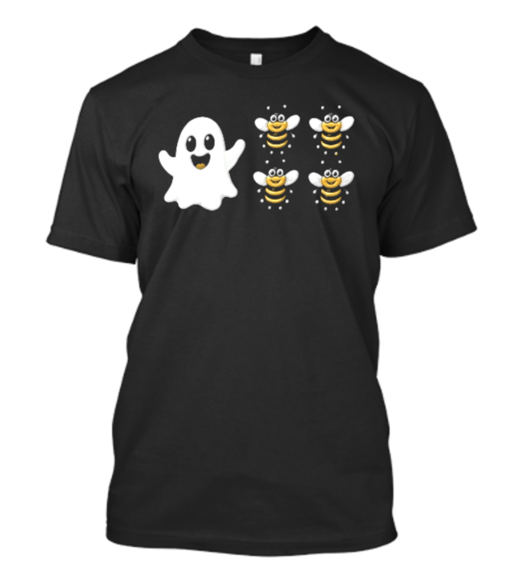 Cartoon White Ghost And Waving Four Bumblebees Cute T-Shirt