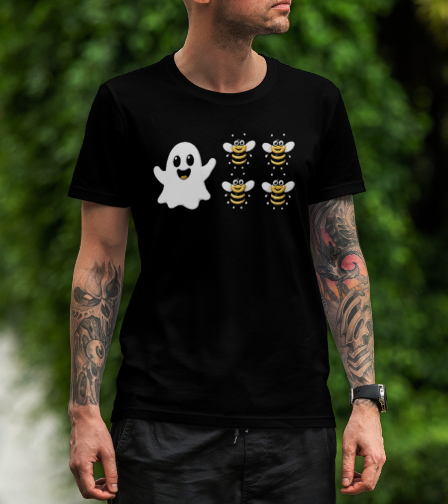 Cartoon White Ghost And Waving Four Bumblebees Cute T-Shirt