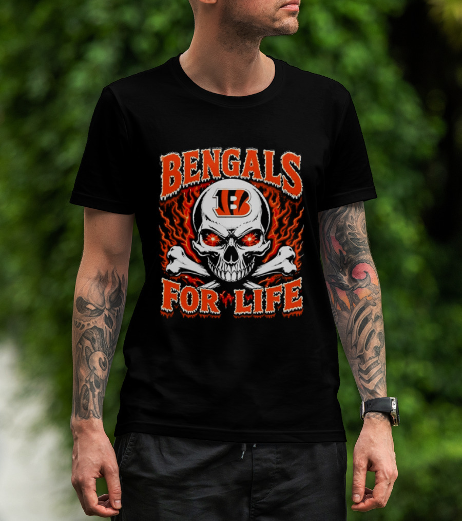 Bengals For Life Skull And Crossbones Fiery T-Shirt