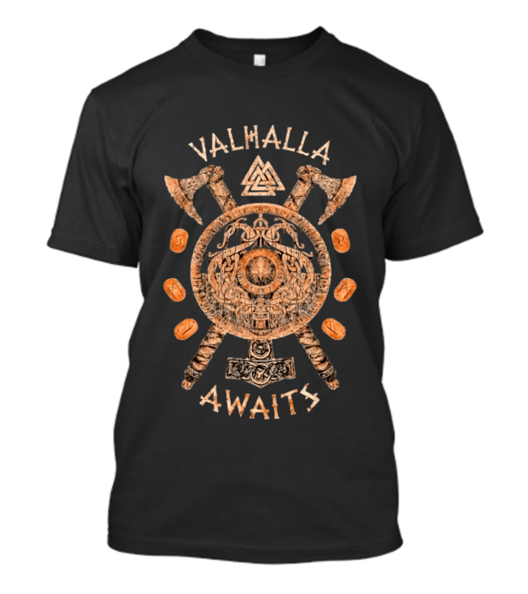 Valhalla Awaits Distressed Viking Shield Axes Norse Symbolism T-Shirt
