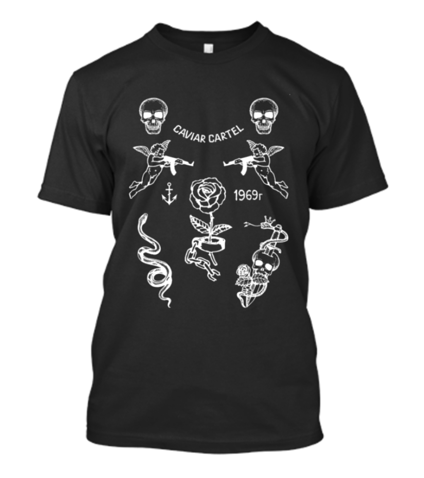 Ssur Caviar Cartel 1969t Skull Rose Snake Wings Anchor Icons Black Oversized T-Shirt
