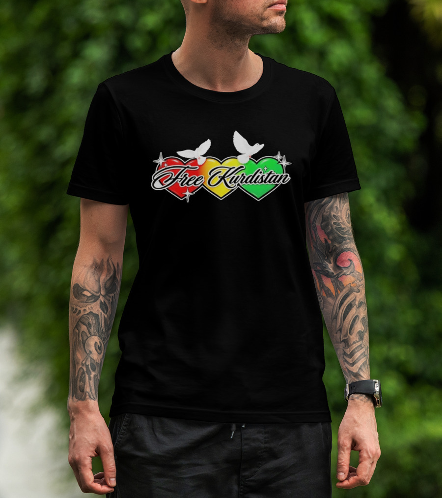 Free Kurdistan Red Yellow Green Hearts Doves T-Shirt