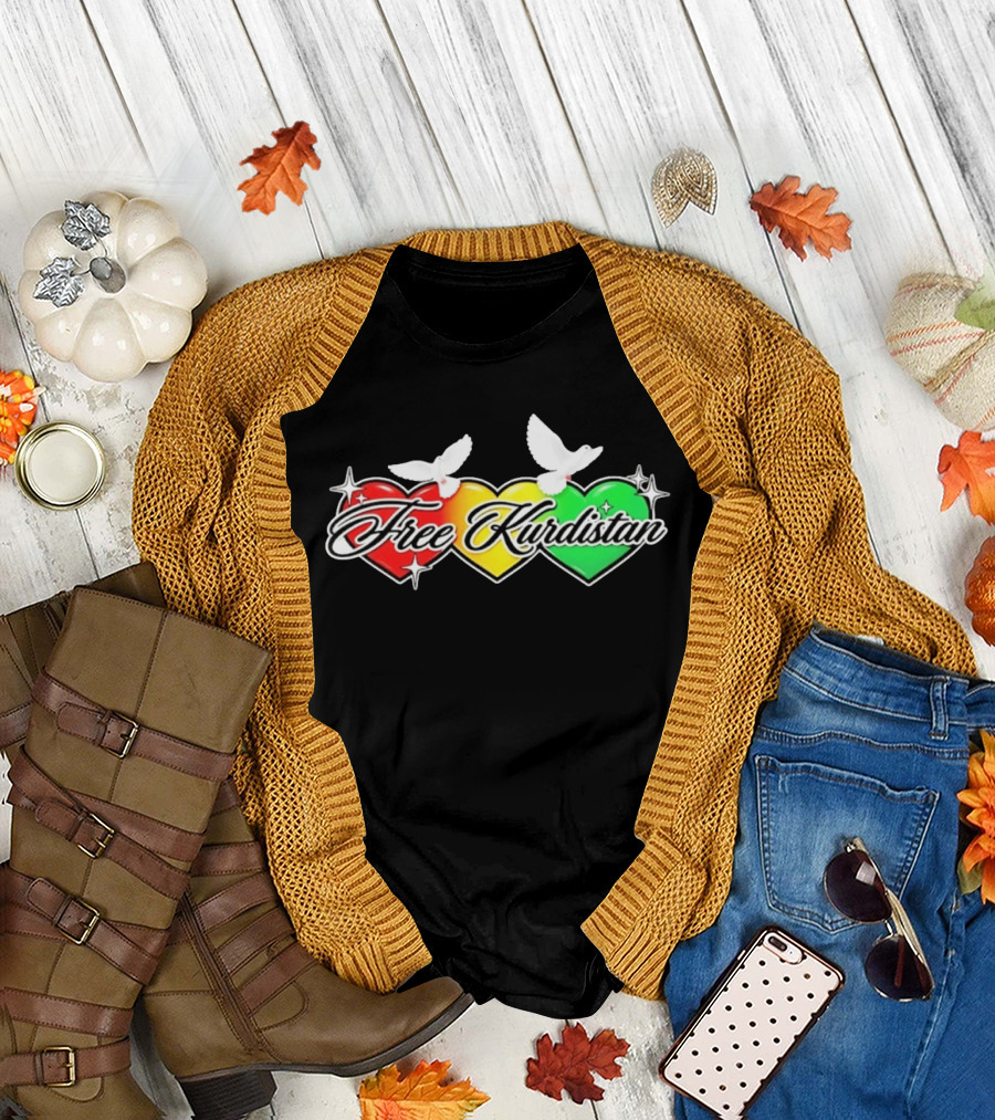 Free Kurdistan Red Yellow Green Hearts Doves T-Shirt