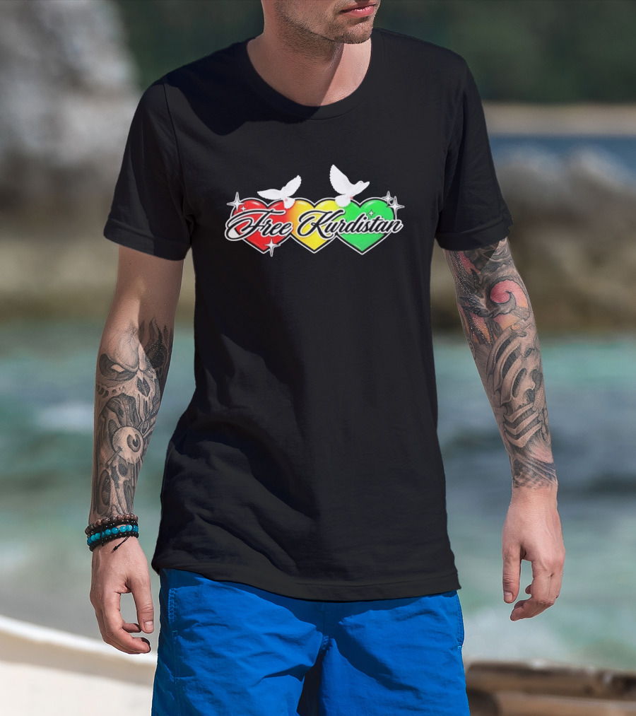 Free Kurdistan Red Yellow Green Hearts Doves T-Shirt