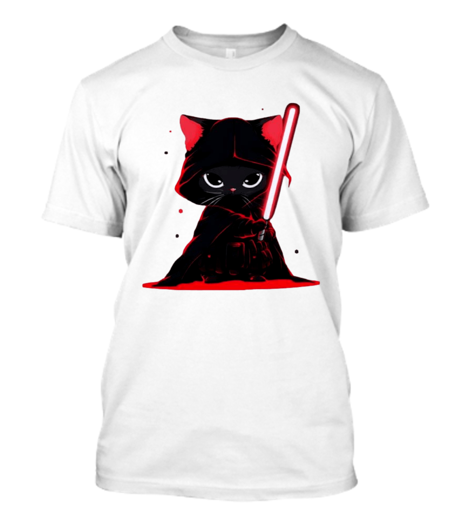 Black Cat Sith With Red Lightsaber Cloaked In Darkness T-Shirt