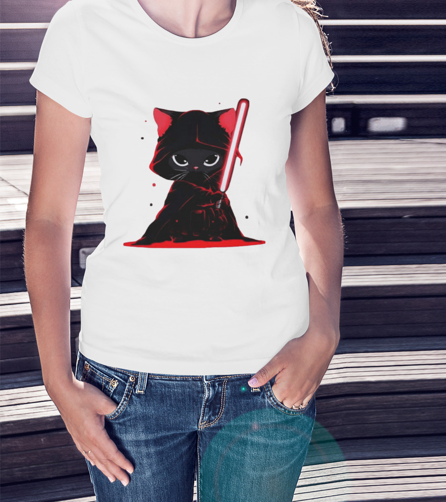 Black Cat Sith With Red Lightsaber Cloaked In Darkness T-Shirt