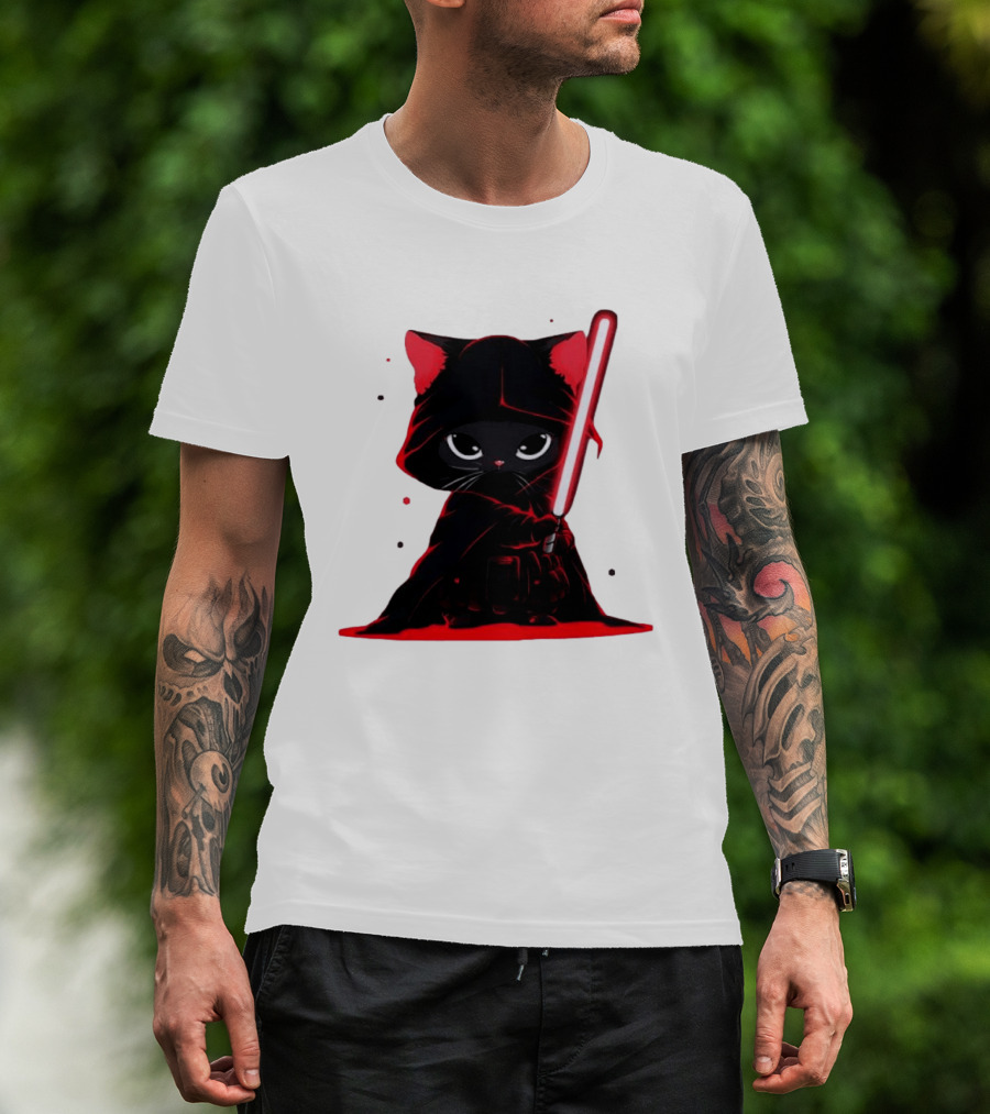Black Cat Sith With Red Lightsaber Cloaked In Darkness T-Shirt