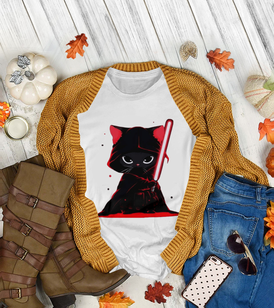 Black Cat Sith With Red Lightsaber Cloaked In Darkness T-Shirt