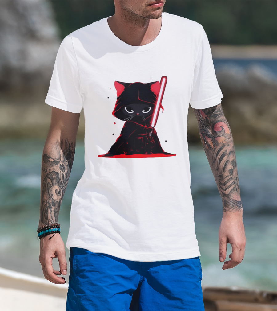 Black Cat Sith With Red Lightsaber Cloaked In Darkness T-Shirt