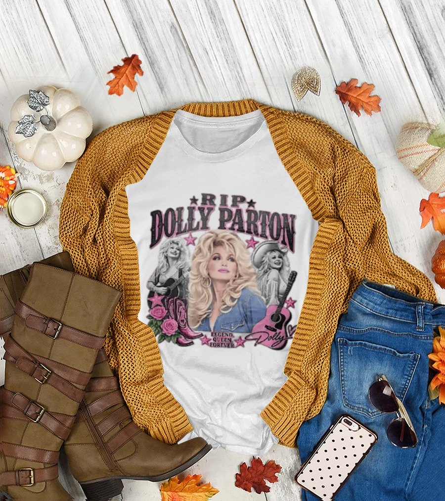 RIP Dolly Parton Legend Queen Forever Pink Cowboy Boots Roses Guitars Stars T-Shirt