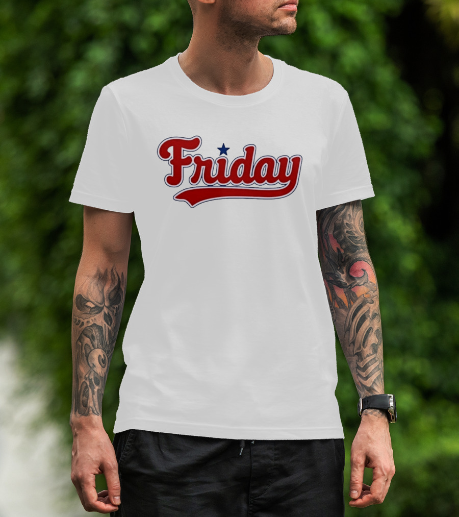 Friday Weekend Casual Baseball Style Script Red Text With Star T-Shirt