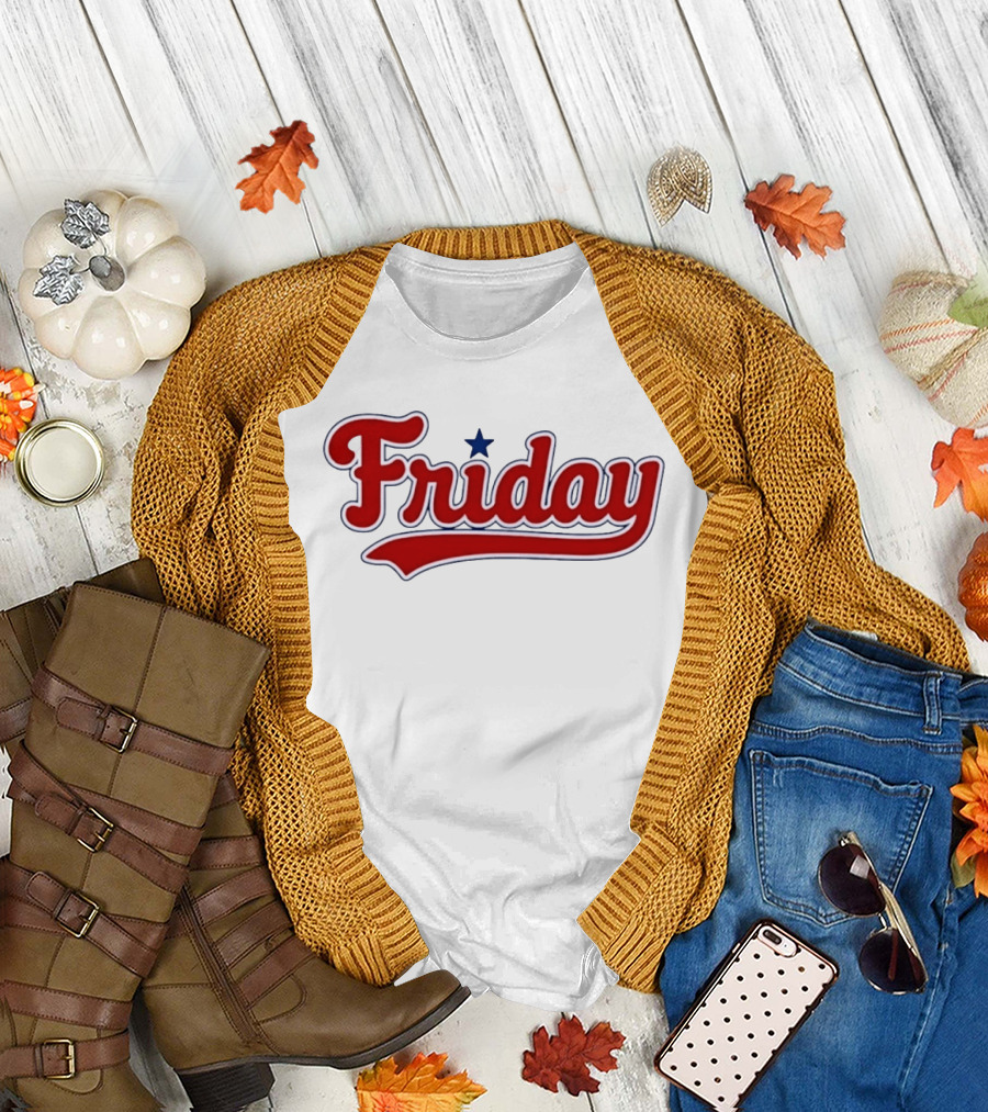 Friday Weekend Casual Baseball Style Script Red Text With Star T-Shirt