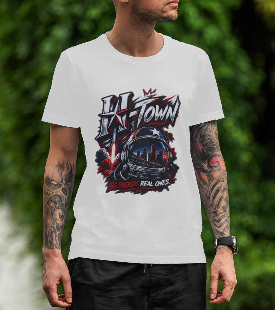 H Town Big Energy Real Ones Houston Astronaut Skyline T-Shirt