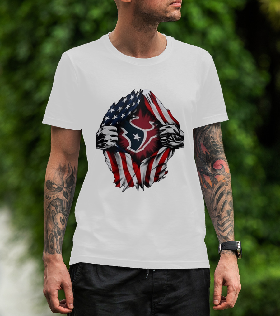 Houston Texans American Flag Ripped Chest NFL Fan T-Shirt