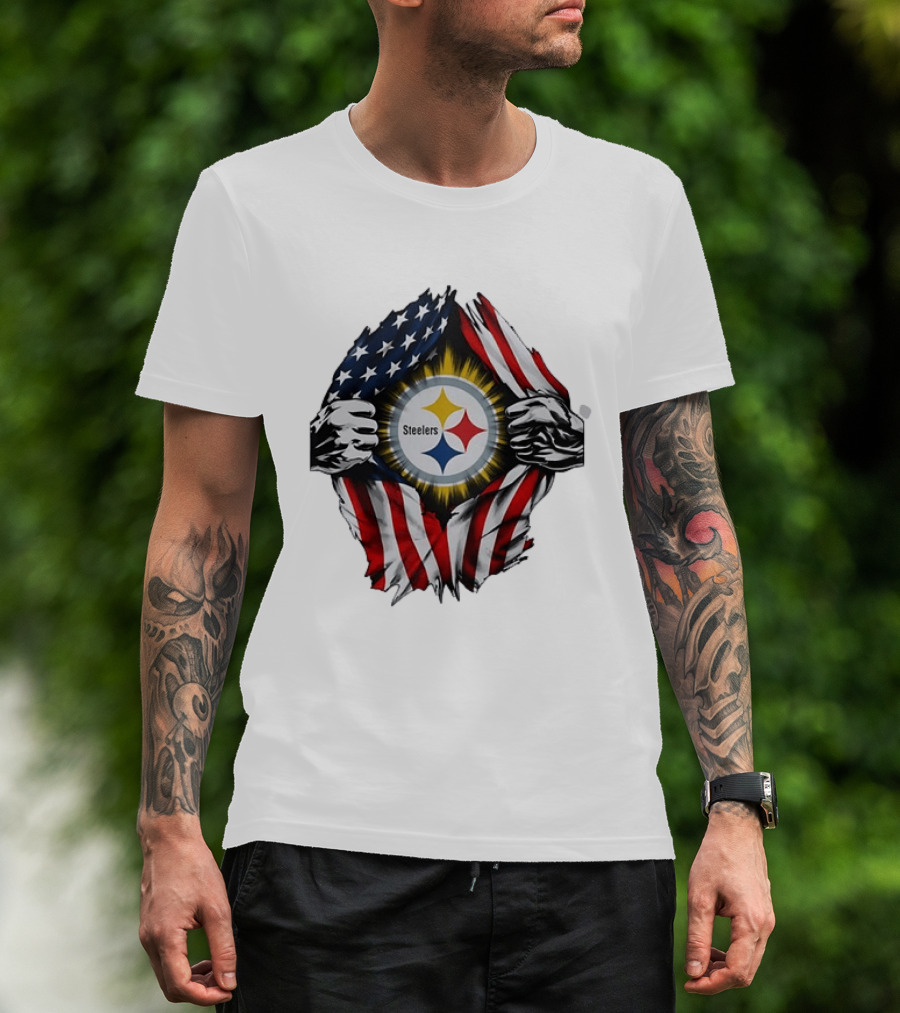 Pittsburgh Steelers American Flag Ripped Chest T-Shirt