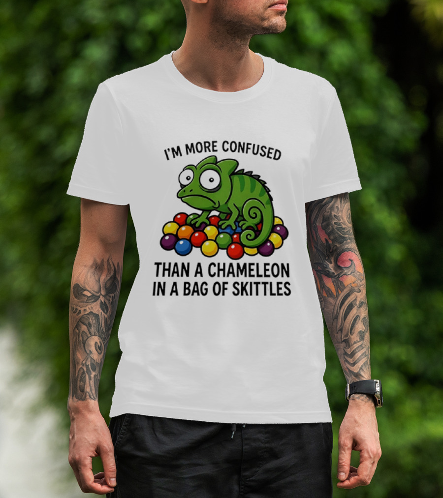 I'm More Confused Than A Chameleon In A Bag Of Skittles Colorful Chameleon And Candy Humor T-Shirt