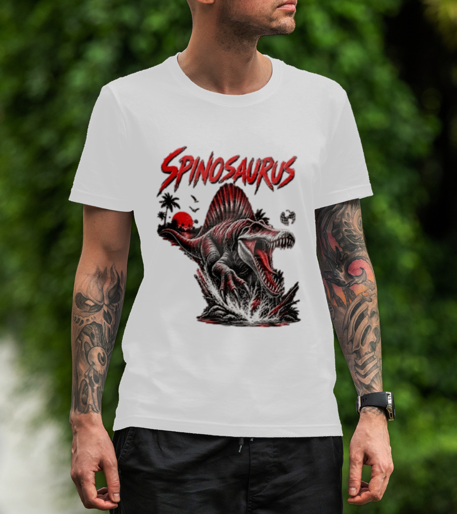Spinosaurus Late Cretaceous 112 93 Million Years Ago Apex Predator Dinosaur Tropical Scene T-Shirt