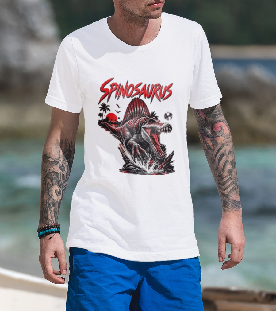 Spinosaurus Late Cretaceous 112 93 Million Years Ago Apex Predator Dinosaur Tropical Scene T-Shirt