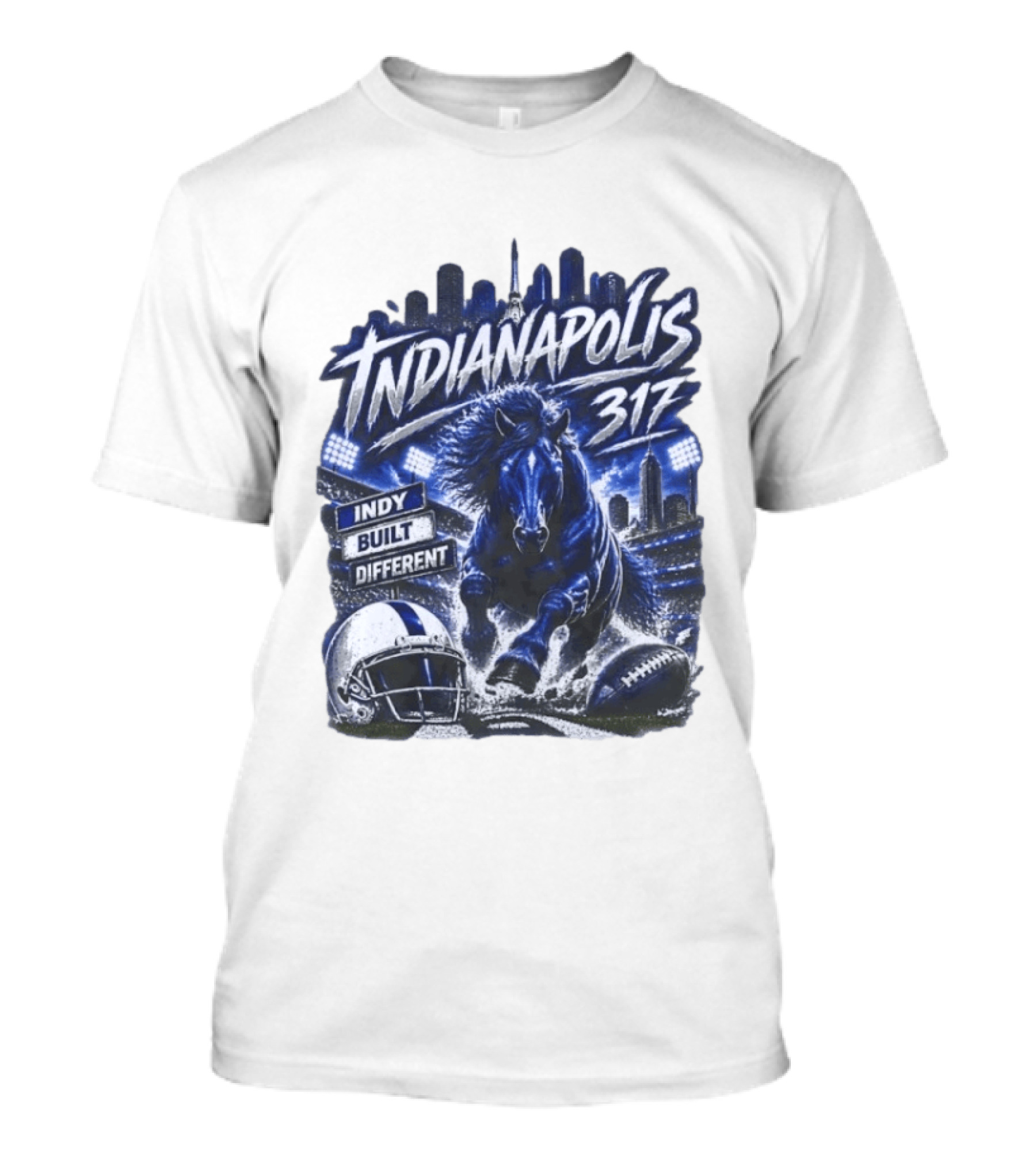 Indianapolis Colts 317 Indy Built Different Football Horse Helmet Skyline T-Shirt